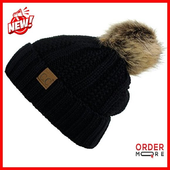 Fleece Lined Cable Knit Beanie with Faux Fur Pom - One Size main image 5